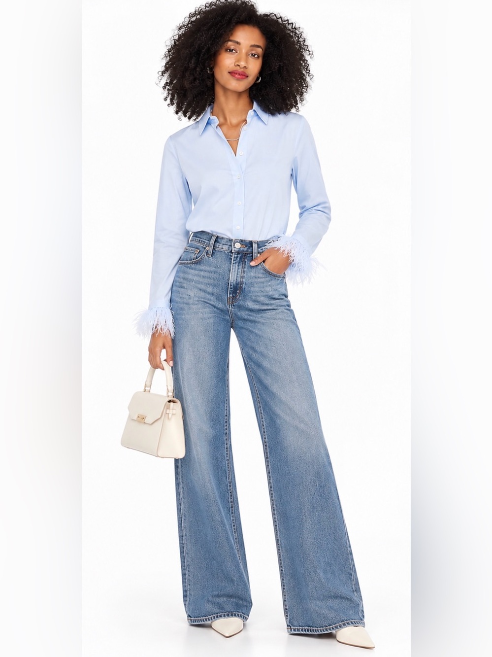 J.Crew petite Feather-trimmed button-up shirt in signature fit in gentle sea